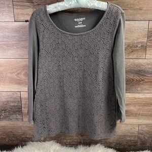 Old Navy Ladies Long Sleeve Pullover Top Blouse, Size Medium, Gray w/ Gray Lace